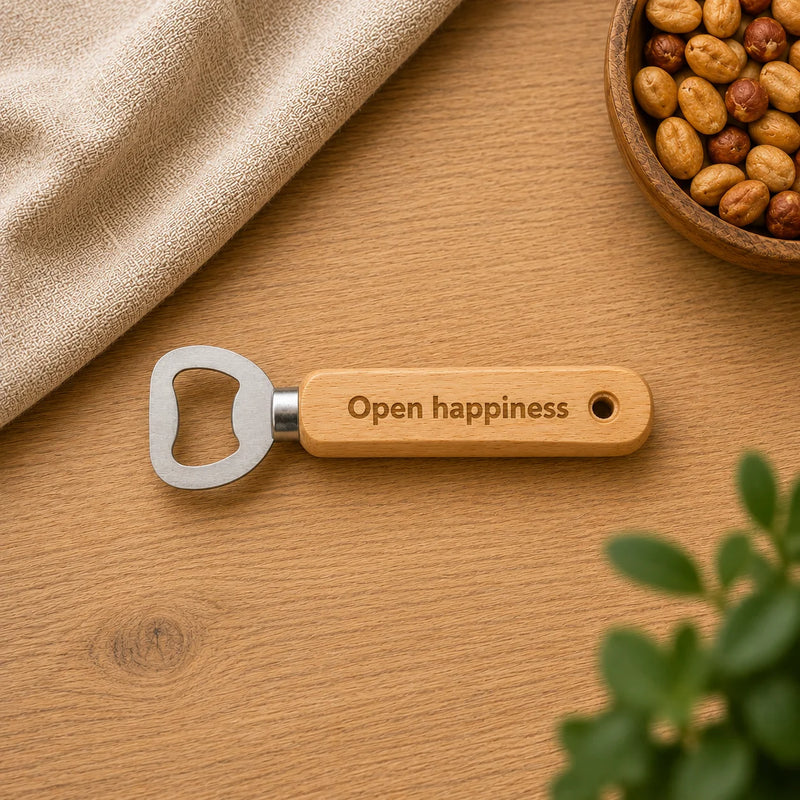 Bieropener Open Happiness met houten handvat