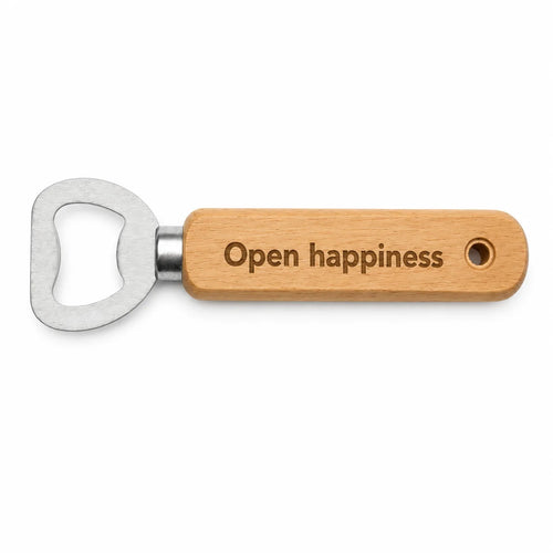 Bieropener Open Happiness met houten handvat